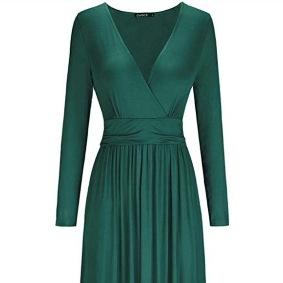 OUGES Womens Long Sleeve V-Neck Wrap Waist Maxi Dress Green - Picture 3 of 4